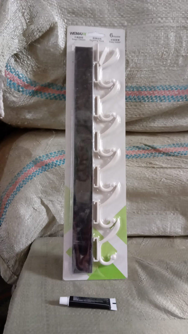 Wall Door Hook Rail | 6 Hook Hanger for Clothes & Hats | With Eco-Friendly Adhesive