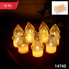 Set Of 12 Decorative Led Flameless Candle Lights With Golden Net Cover
